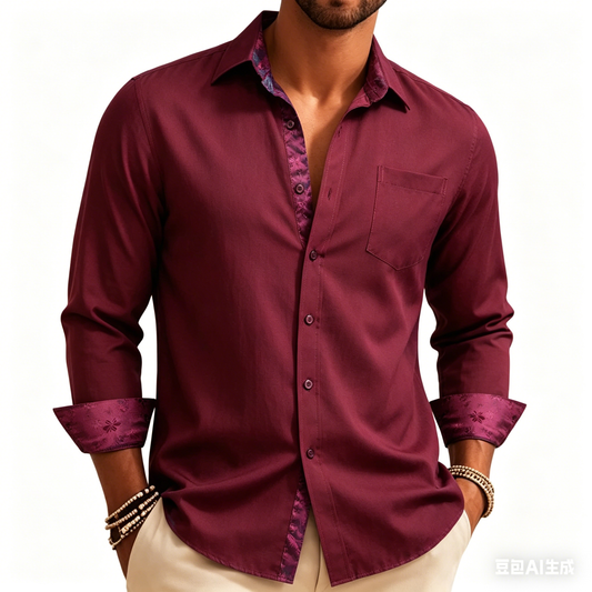Barry. Wang Silk Button Down Shirt Burgundy Construct Long Sleeve Shirt