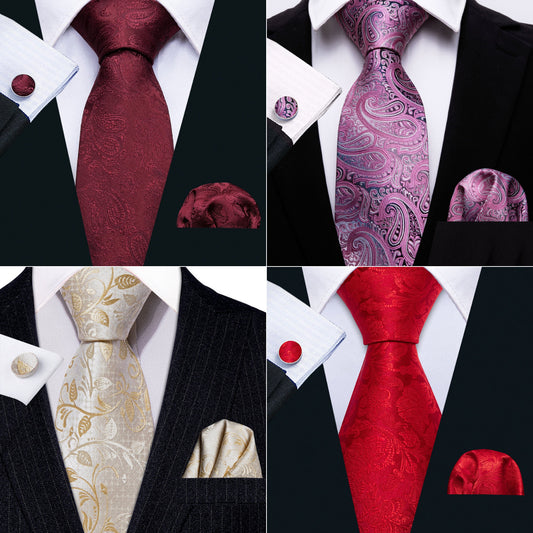 Barry. Wang 4pcs Men Red Purple Paisley Silk Tie Pocket Square Cufflink Set