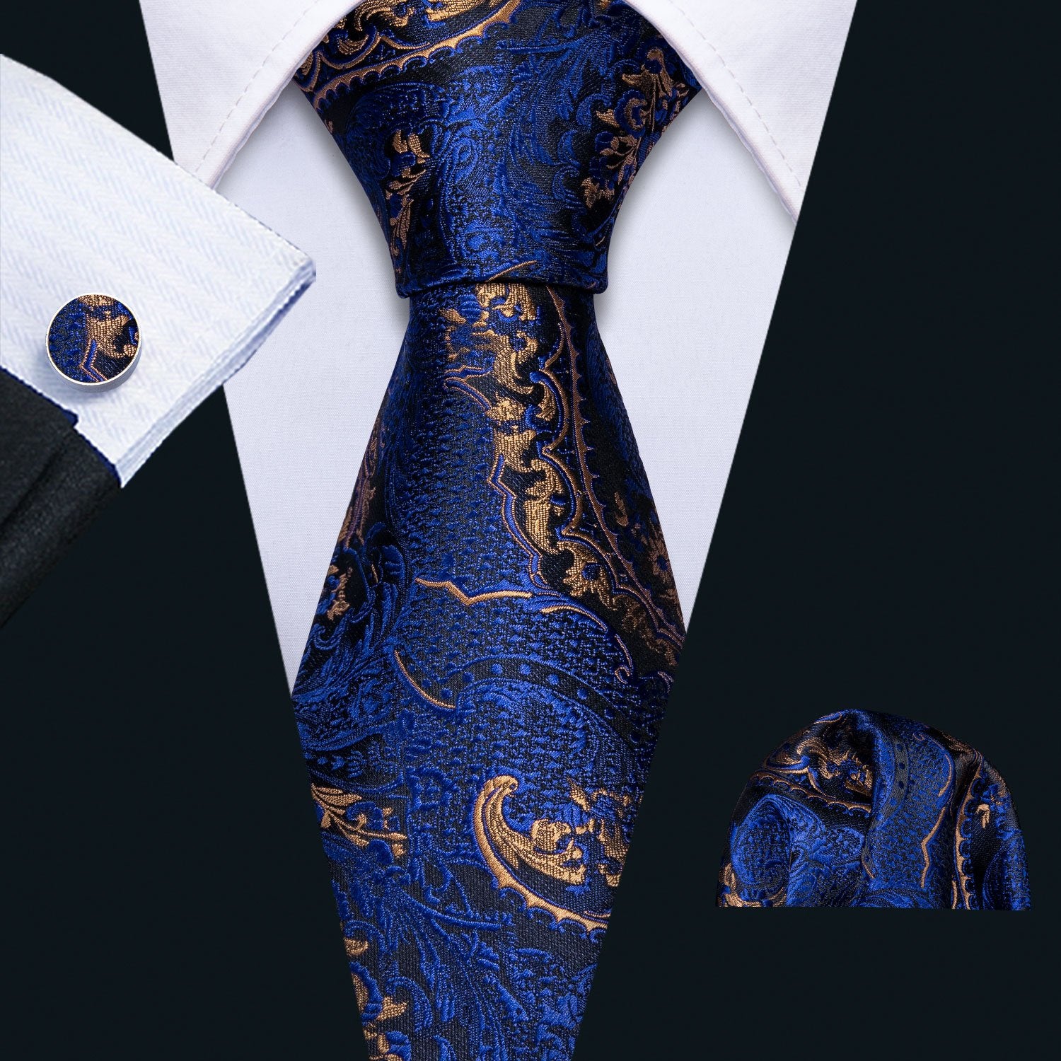 Barry. Wang Mens Paisley Tie Silk Navy Blue Necktie Hanky Cufflinks Set for Men Formal