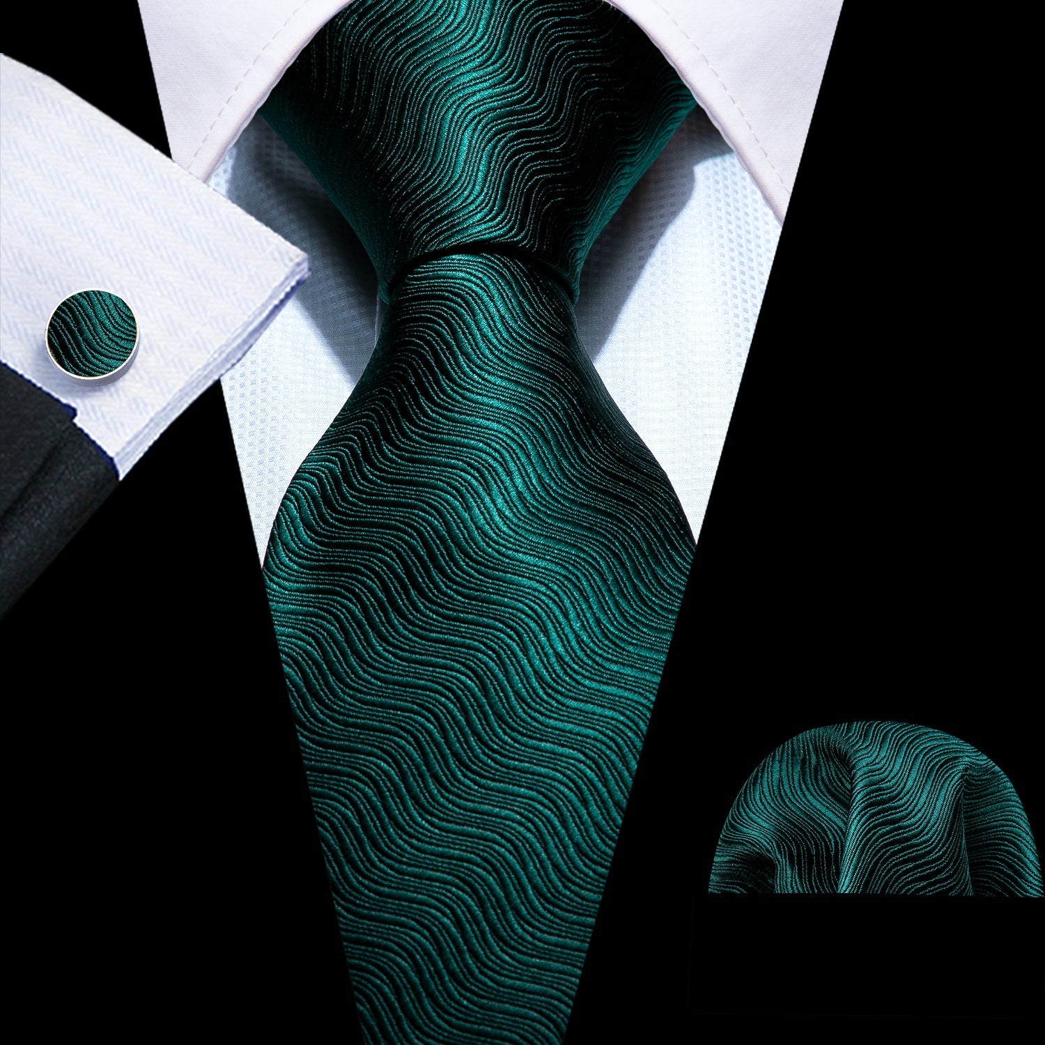 Dark Green Tie Novelty Green Geometric Hanky Cufflinks Set