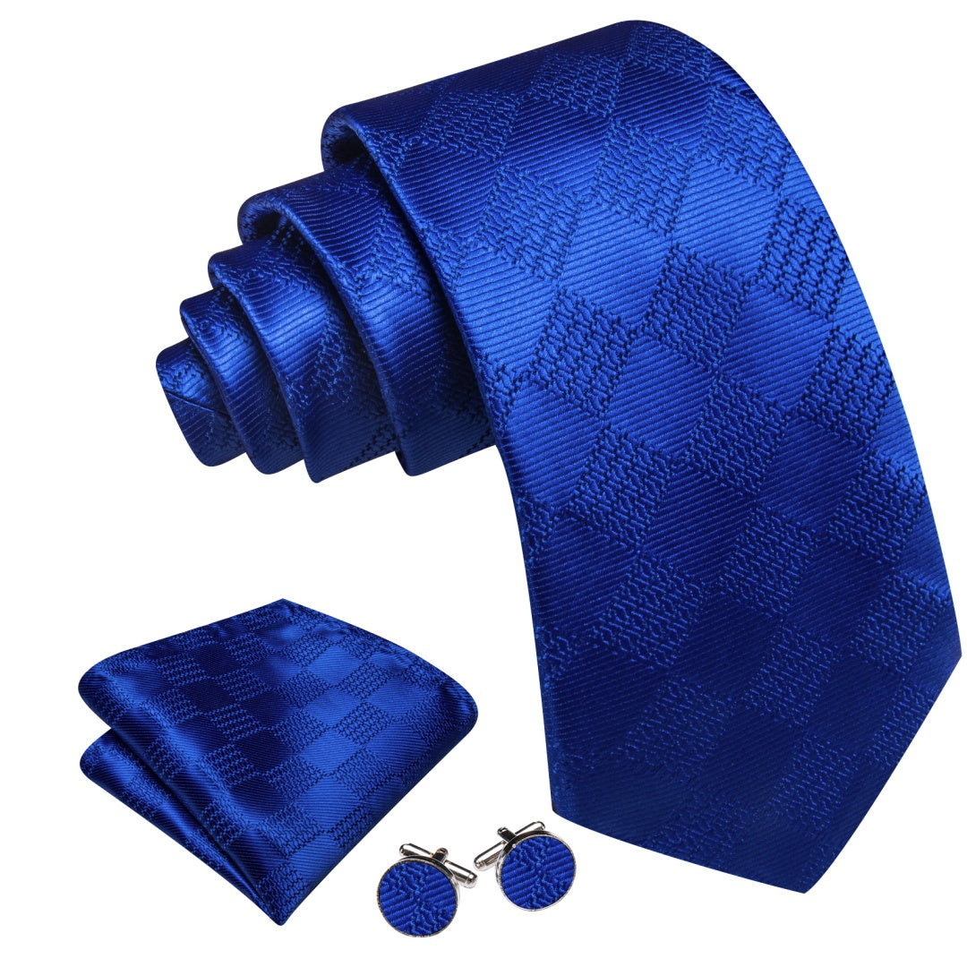 Barry. Wang Mens Dark Blue Plaid Tie Pocket Square Cufflinks Set