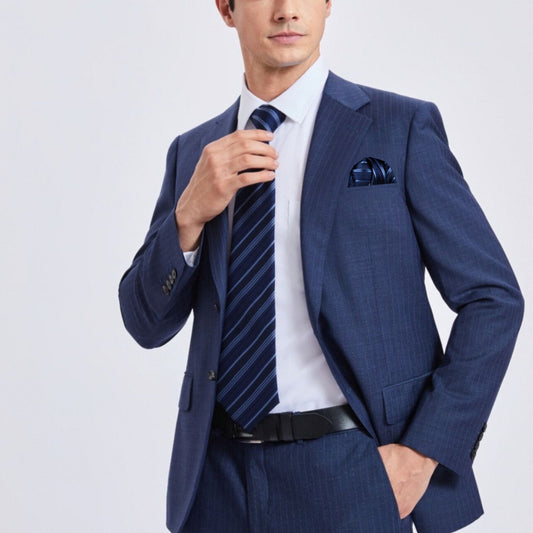 Barry. Wang Blue Tie Striped Silk Necktie Pocket Square Cufflinks Set for Men Business