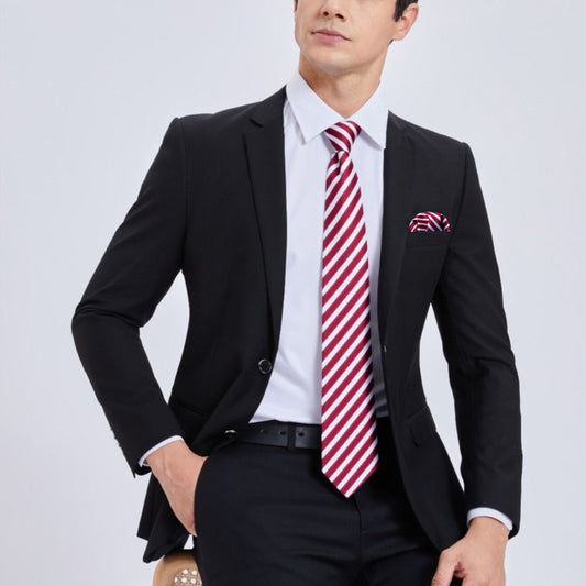 Barry. Wang Red Necktie Silk White Striped Tie Hanky Cufflinks Set for Men Business