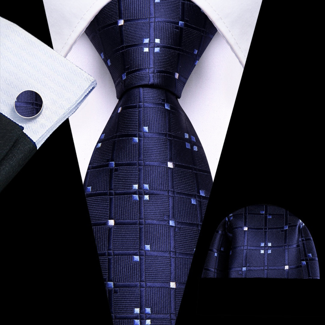 Barry. Wang Mens Dark-Midnight Blue White Plaid Ties for Men Silk Necktie Set