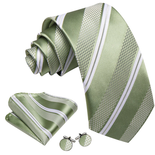 Barry. Wang Mens Sage Green White Striped Tie Set for Men