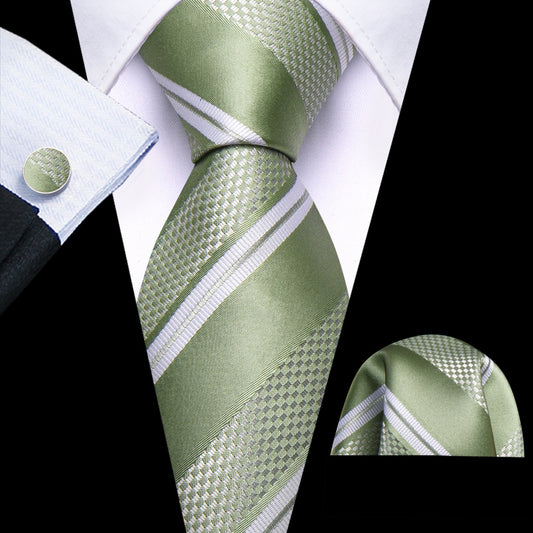 Barry. Wang Mens Sage Green White Striped Tie Set for Men