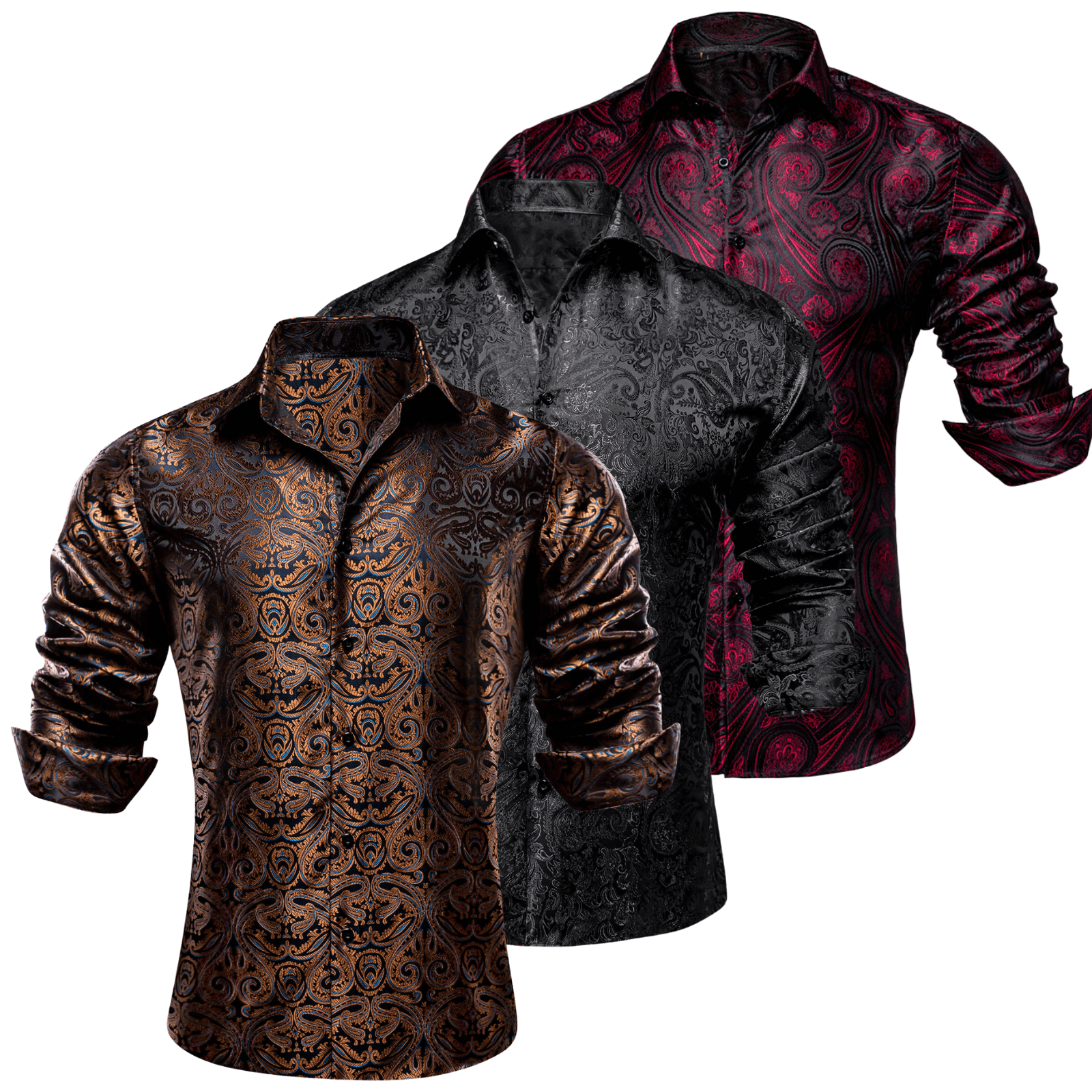Barry.Wang 3pcs Mens Dress Shirts Brown Burgundy Black Paisley Shirt Silk Shirt