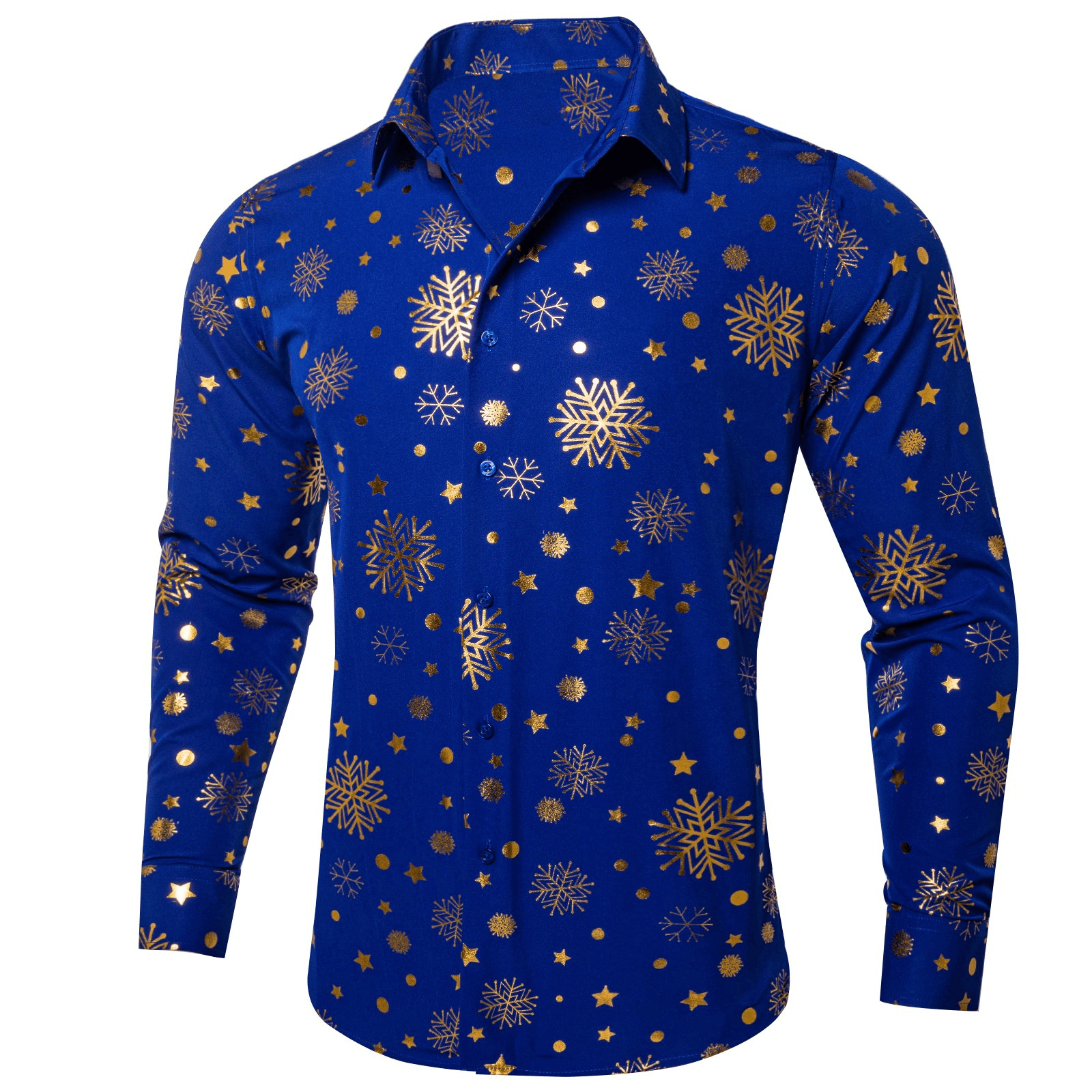 Barry. Wang Holiday Royal Blue Shirt Gold Snowflake Pattern Long Sleeve Shirt