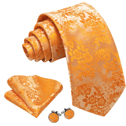 Barry. Wang Mens Orange Tie Floral Designer Tie Pocket Square Cufflinks Set