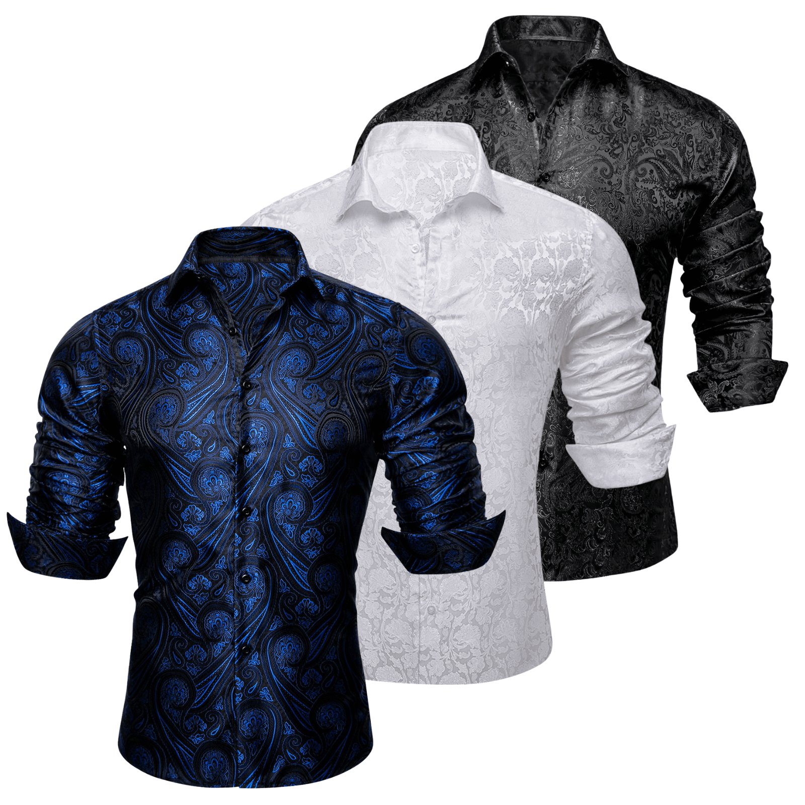 Barry.Wang 3pcs Mens Dress Shirts Blue White Black Paisley Shirt Silk Shirt