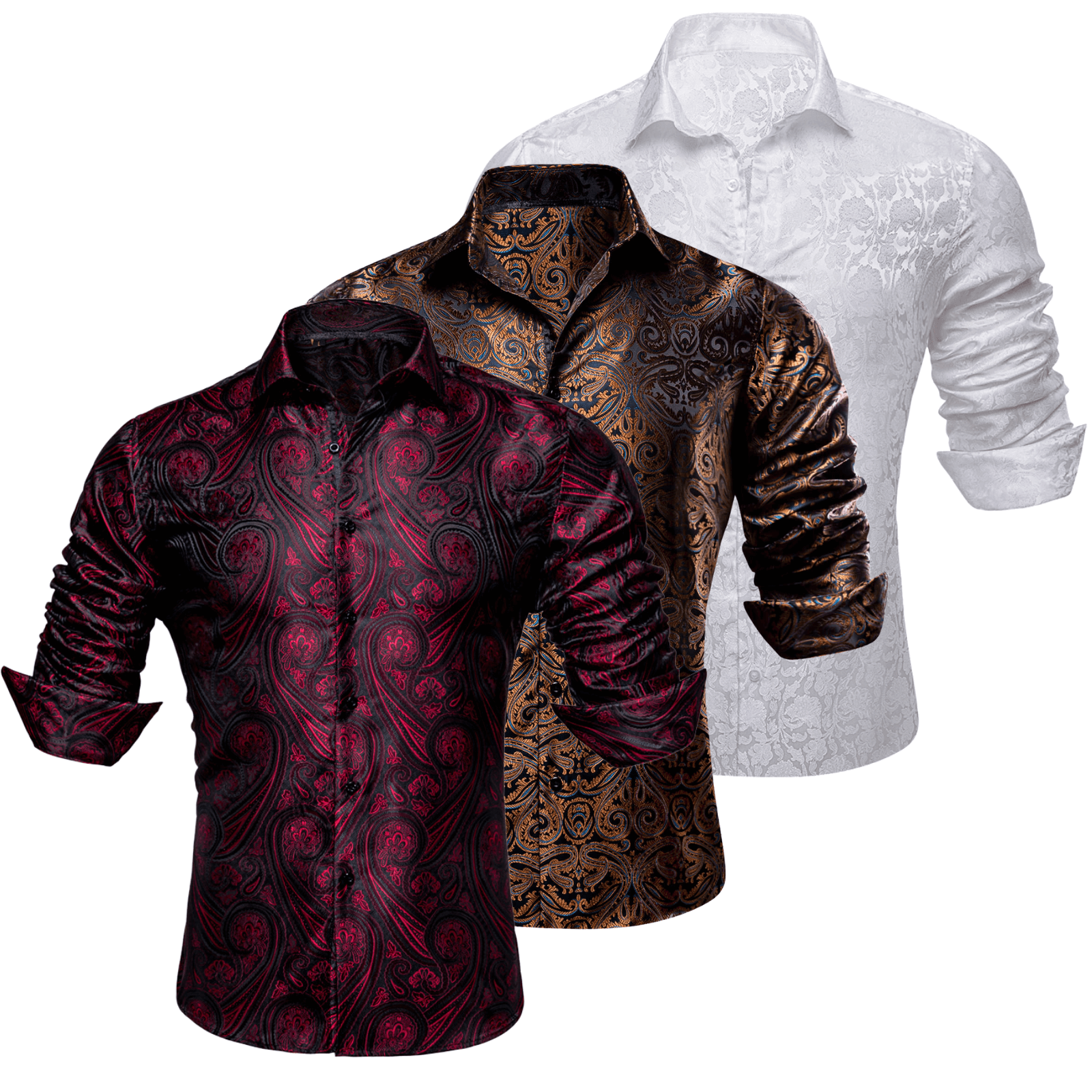 Barry.Wang 3pcs Mens Dress Shirts Burgundy White Brown Paisley Shirt Silk Shirt