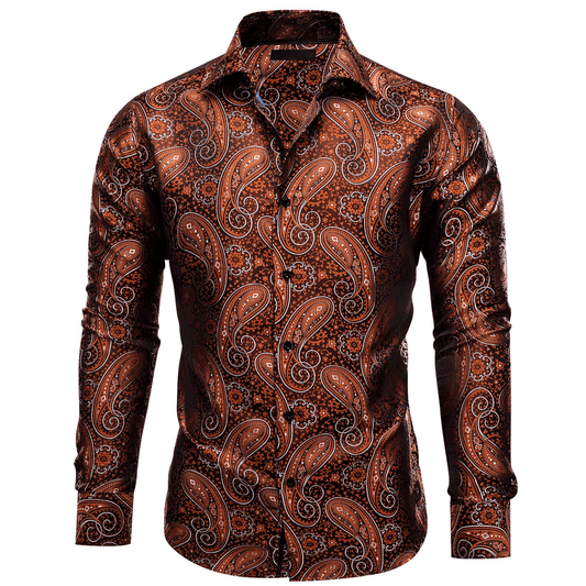 Barry. Wang Mens Brown Dress Shirt Paisley Silk Long Sleeve Button Down Shirt