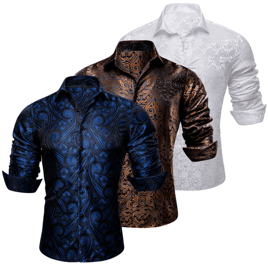 Barry.Wang 3pcs Mens Dress Shirts Blue White Brown Paisley Shirt Silk Shirt