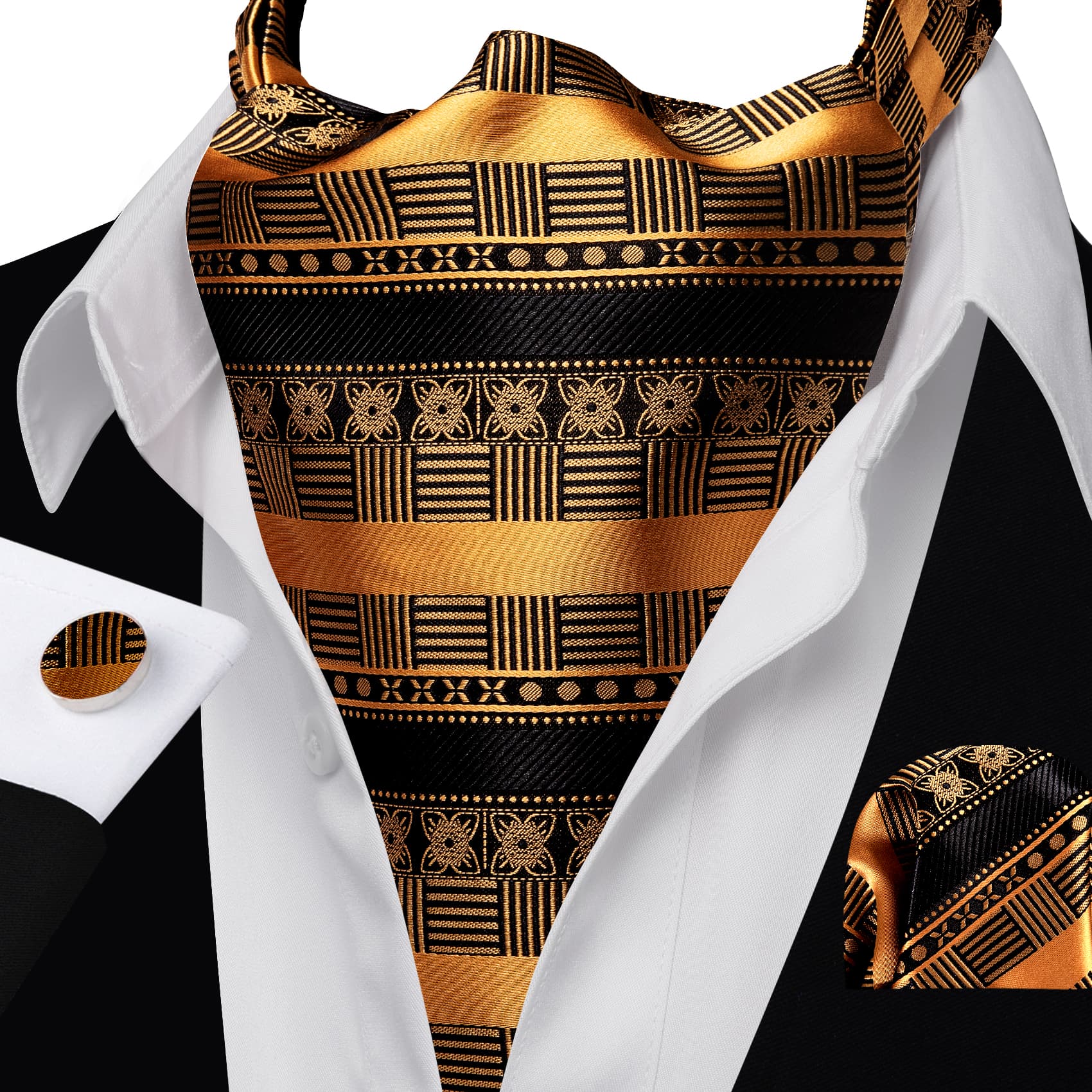 Black suit white shirt Ascot Tie Black GoldEnrod Tie Handkerchief Cufflink Set
