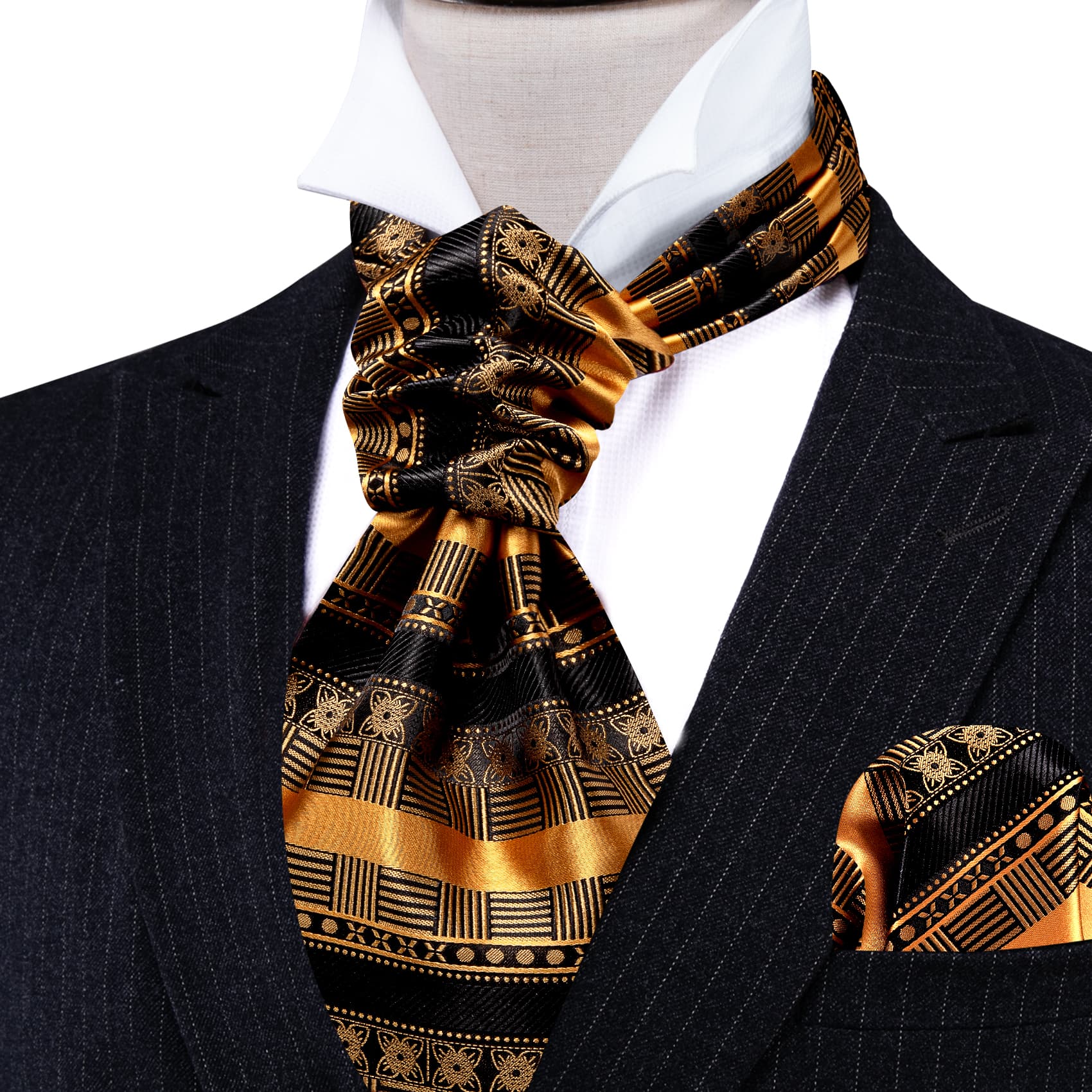 Ascot Tie Black GoldEnrod Tie Handkerchief Cufflink Set