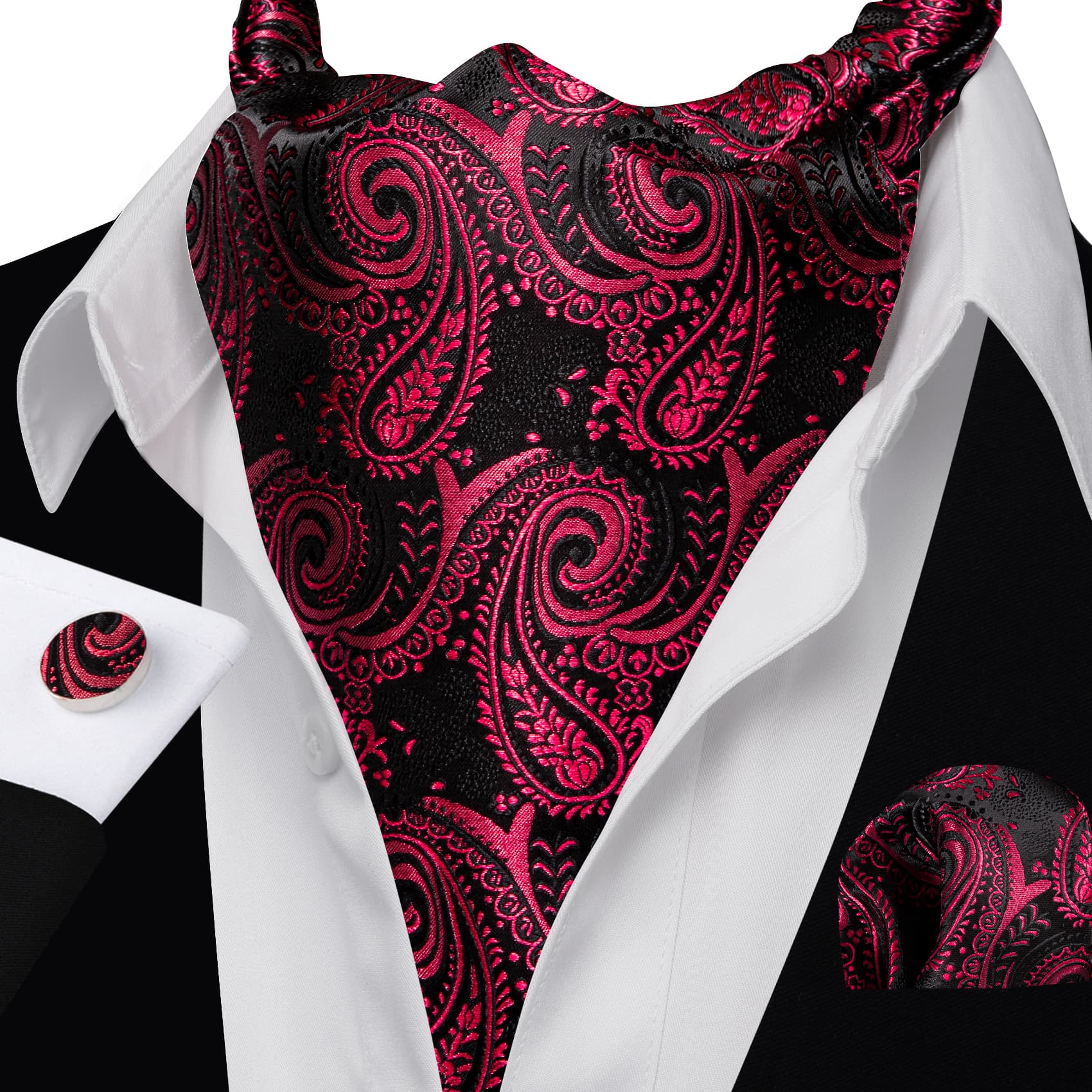 mens ascot scarf hanky cufflinks set and whit shirt  black suit for men s business outfit 