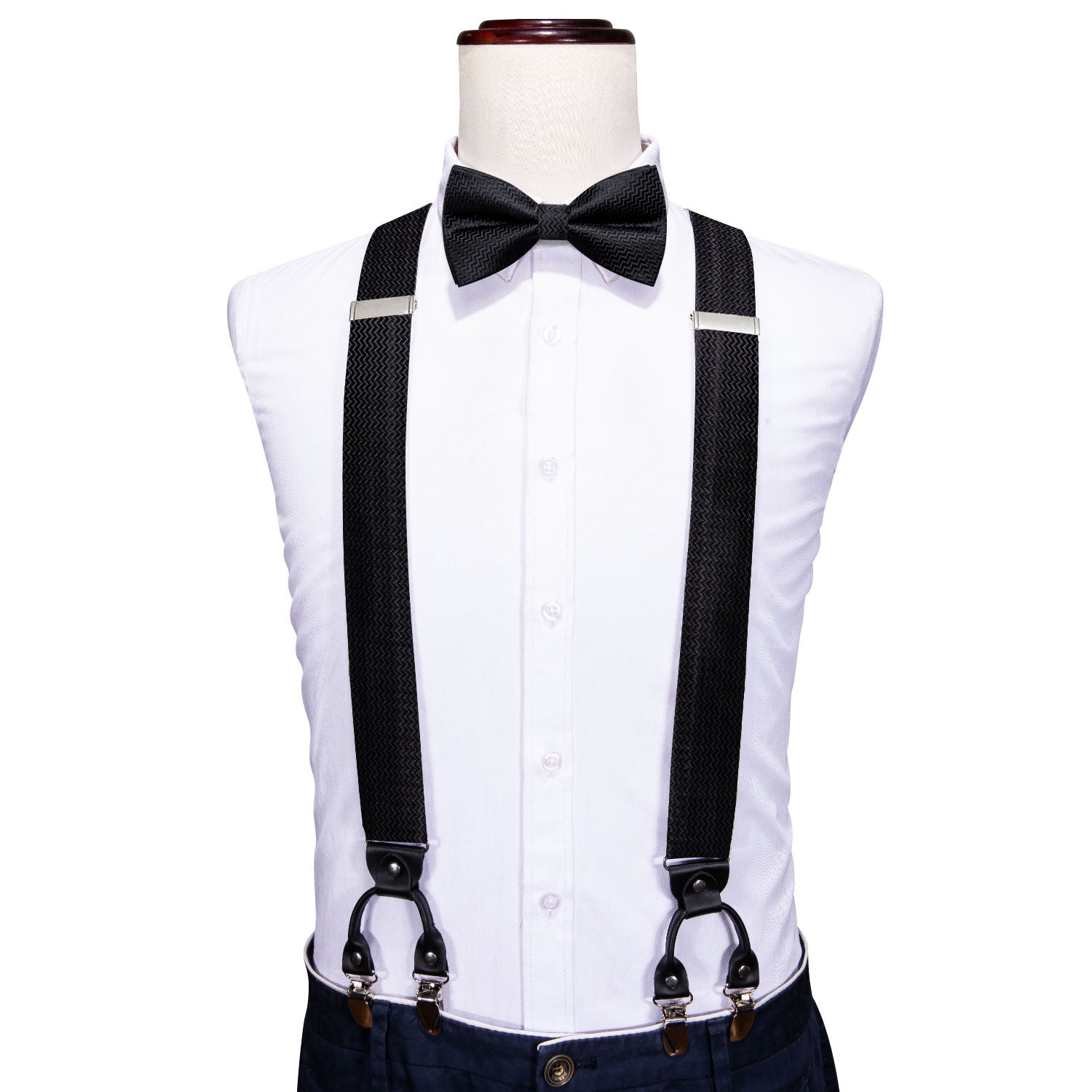 Wang Black Solid Y Back Adjustable Bow Tie Suspenders Set