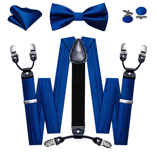 Barry. Wang Cerulean Blue Solid Y Back Adjustable Bow Tie Suspenders Set