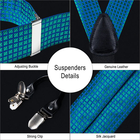 Barry. Wang Teal Blue Plaid Y Back Brace Clip-on Men's Suspender Bow Tie Set