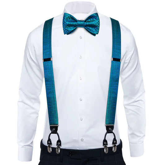 Barry. Wang Teal Blue Plaid Y Back Brace Clip-on Men's Suspender Bow Tie Set