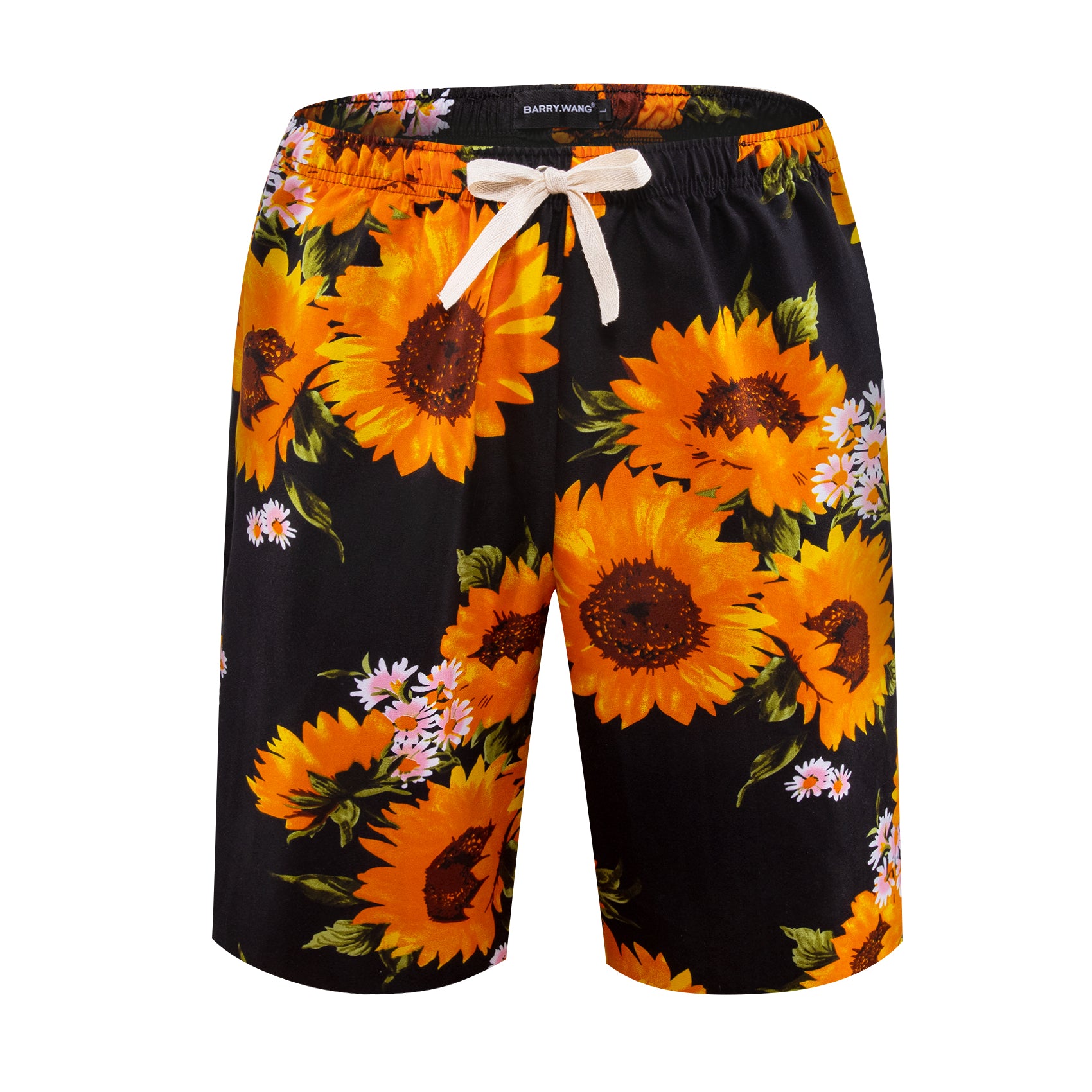 Mens Black Orange Sunflower Floral Vacation Shorts