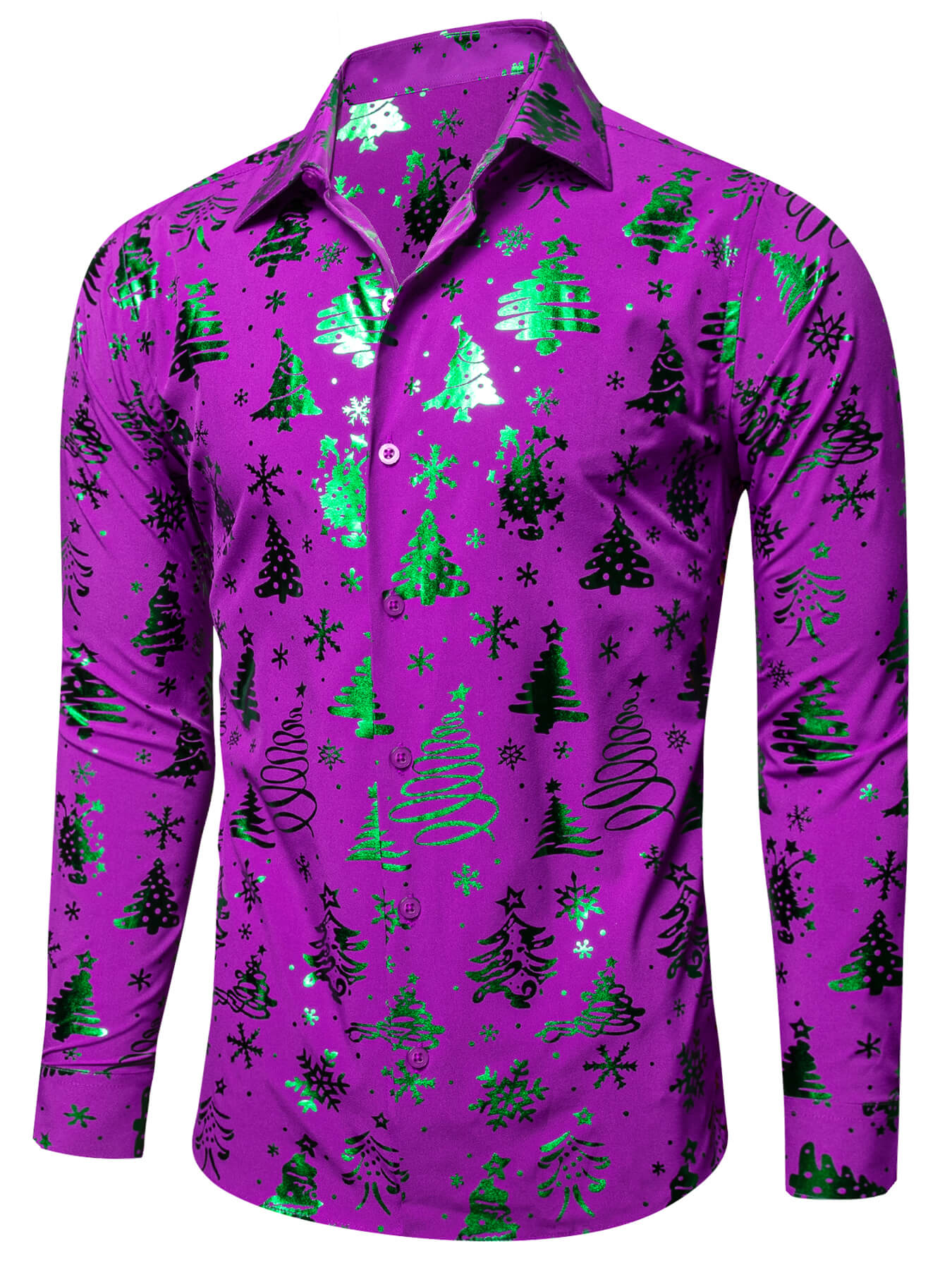 Barry. Wang Holiday Purple Dress Shirt Green Snowflake Tree Pattern Long Sleeve Shirt