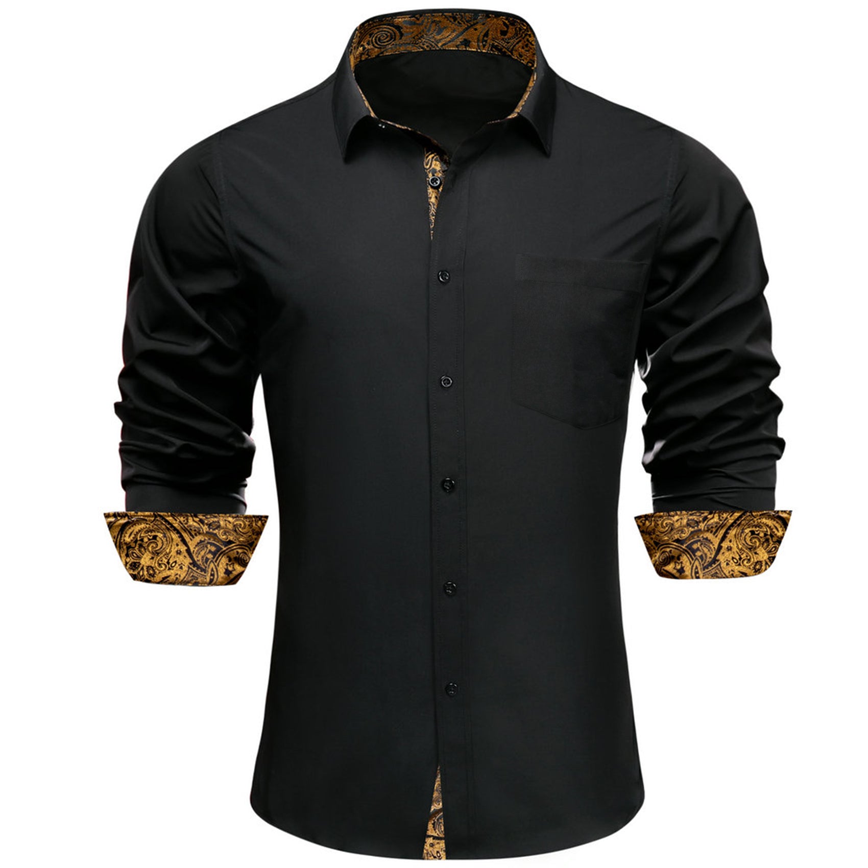 Barry. Wang Mens Black Gold Splicing Shirt Silk Long Sleeve Western Shirt