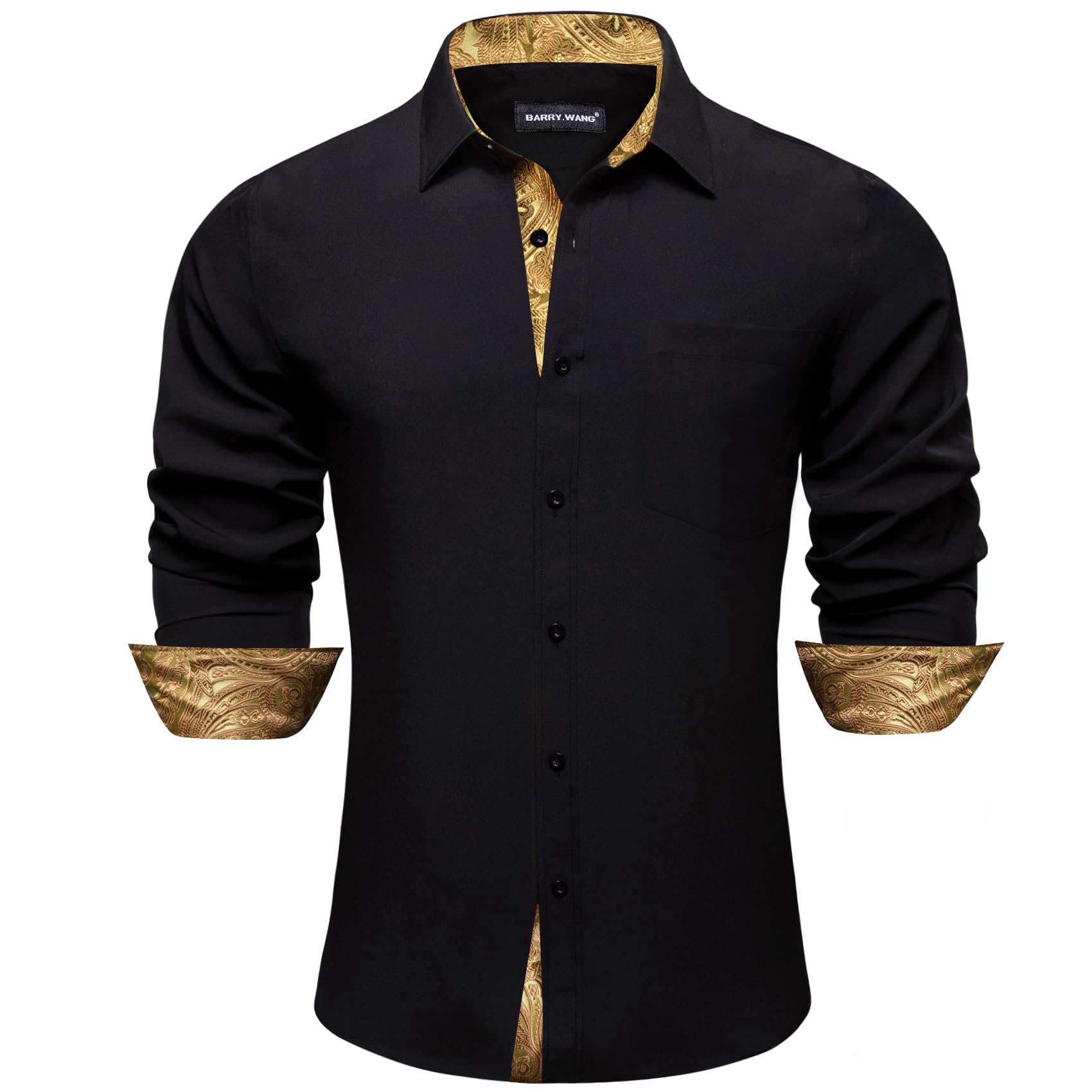 Barry. Wang Black Gold Splicing Shirt Mens Silk Long Sleeve Button Down Business Shirt