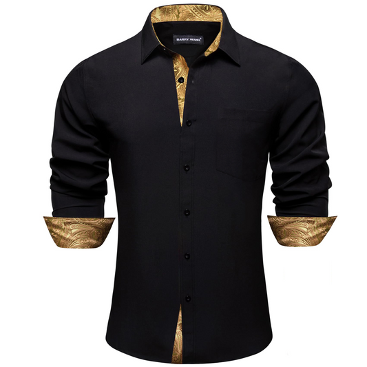 Barry. Wang Black Gold Splicing Shirt Mens Silk Long Sleeve Button Down Business Shirt