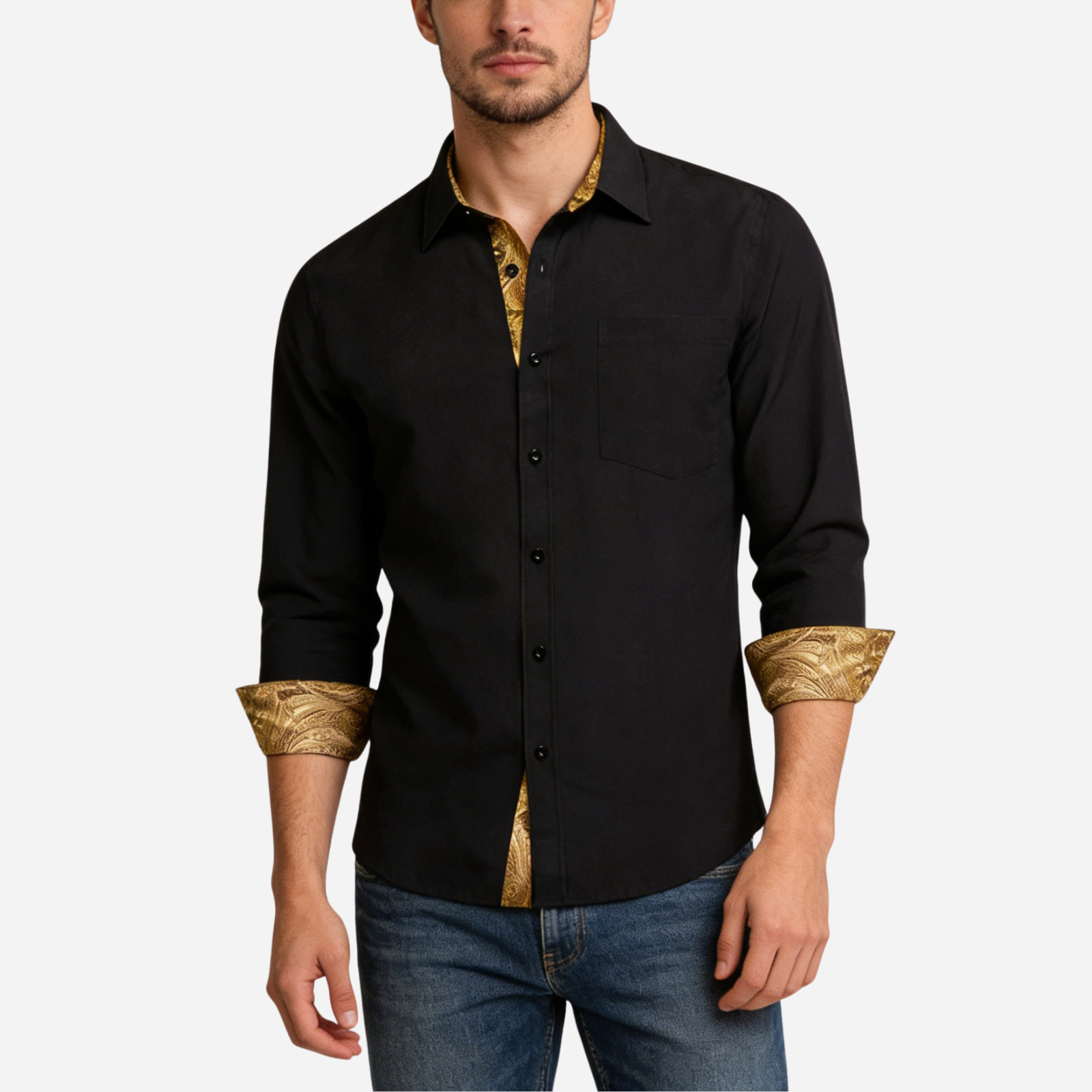 Barry. Wang Black Gold Splicing Shirt Mens Silk Long Sleeve Button Down Business Shirt