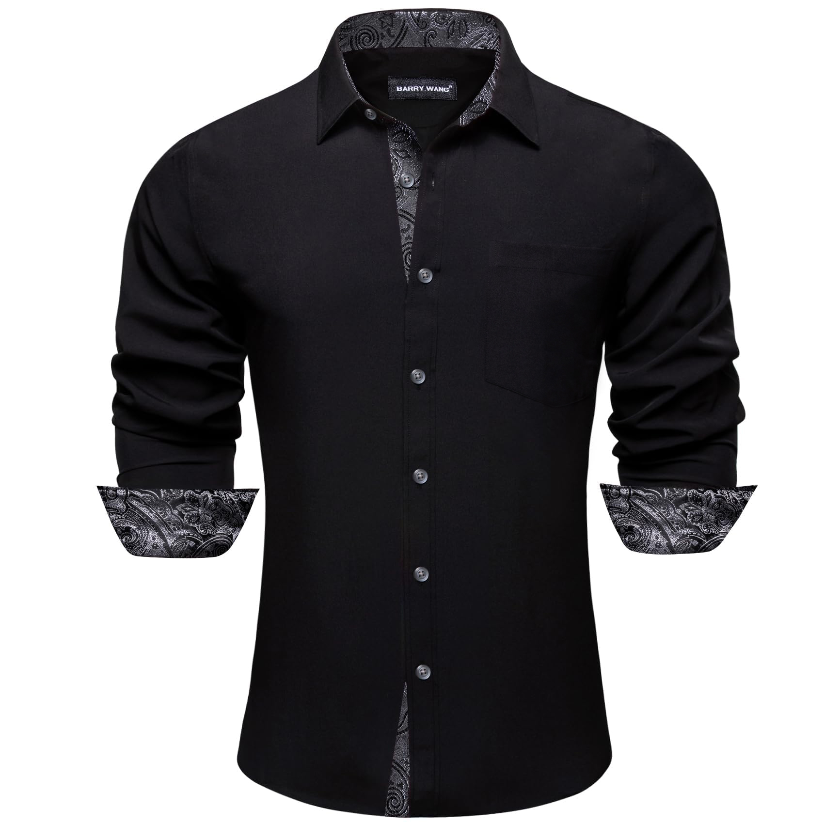 Barry. Wang Black Silver Splicing Shirt Blue Long Sleeve Button Down Business Shirt