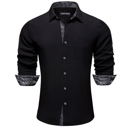Barry. Wang Black Silver Splicing Shirt Blue Long Sleeve Button Down Business Shirt