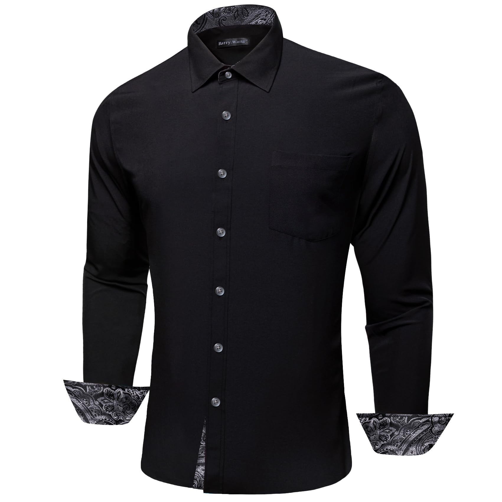 Barry. Wang Black Silver Splicing Shirt Blue Long Sleeve Button Down Business Shirt