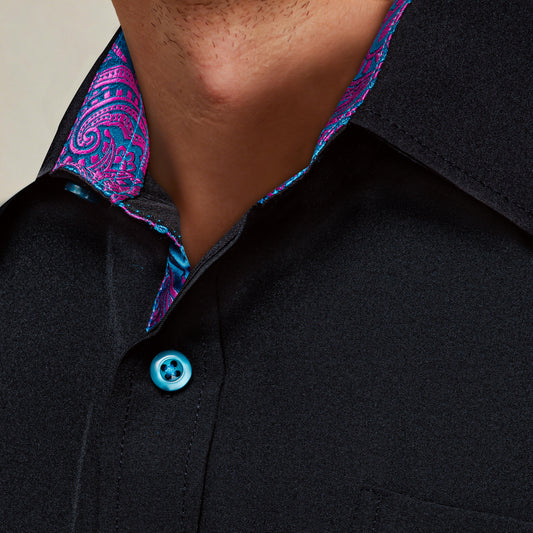 Barry. Wang Black Dress Shirt Mens Splicing Silk Long Sleeve Button Up Shirt