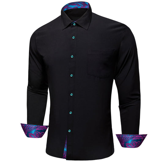 Barry.Wang 3pcs Men Dress Shirts Black Brown White Paisley Splicing Shirt Silk Long Sleeve