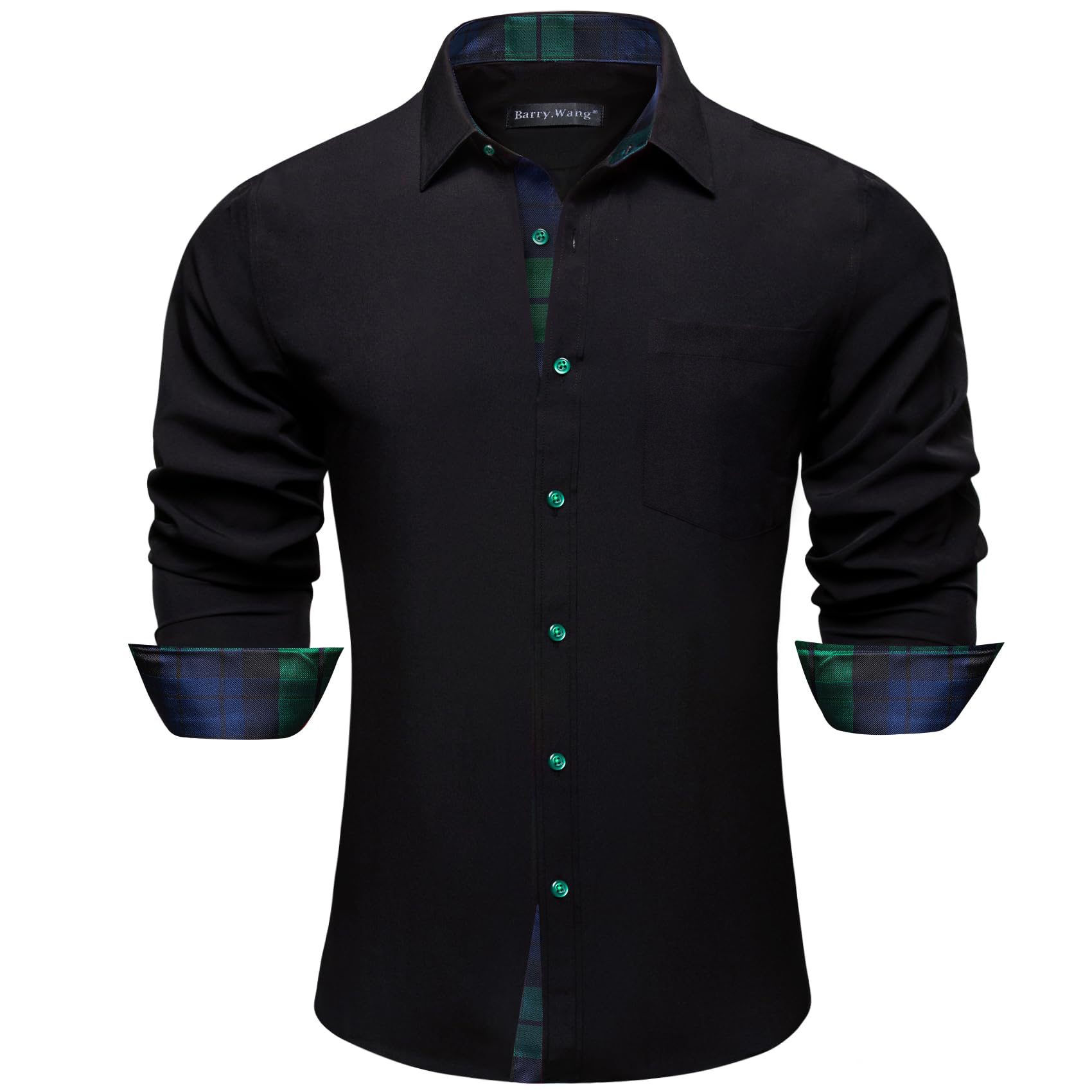 Barry. Wang Mens Black Splicing Shirt Long Sleeve Bussiness Casual Shirt for Prom
