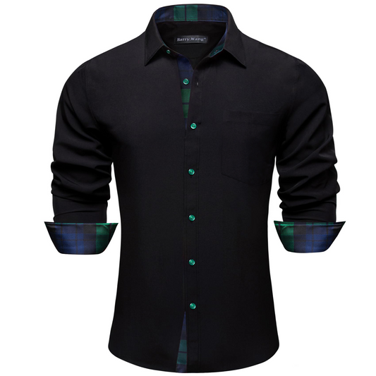 Barry. Wang Mens Black Splicing Shirt Long Sleeve Bussiness Casual Shirt for Prom