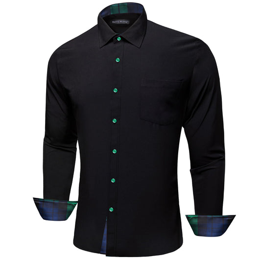 Barry. Wang Mens Black Splicing Shirt Long Sleeve Bussiness Casual Shirt for Prom