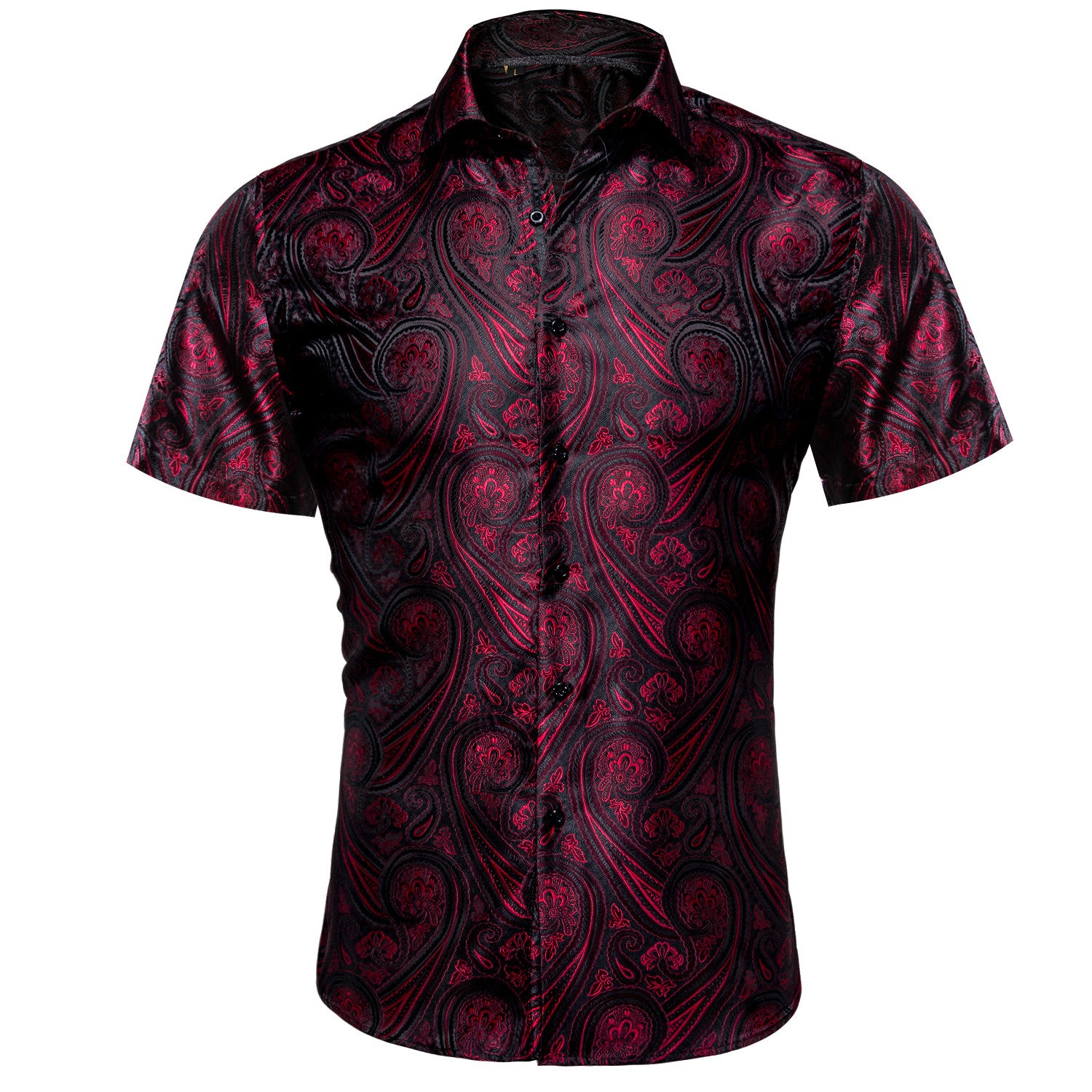Barry. Wang Burgundy Black Paisley Jacquard Short Sleeve Button Up Shirt