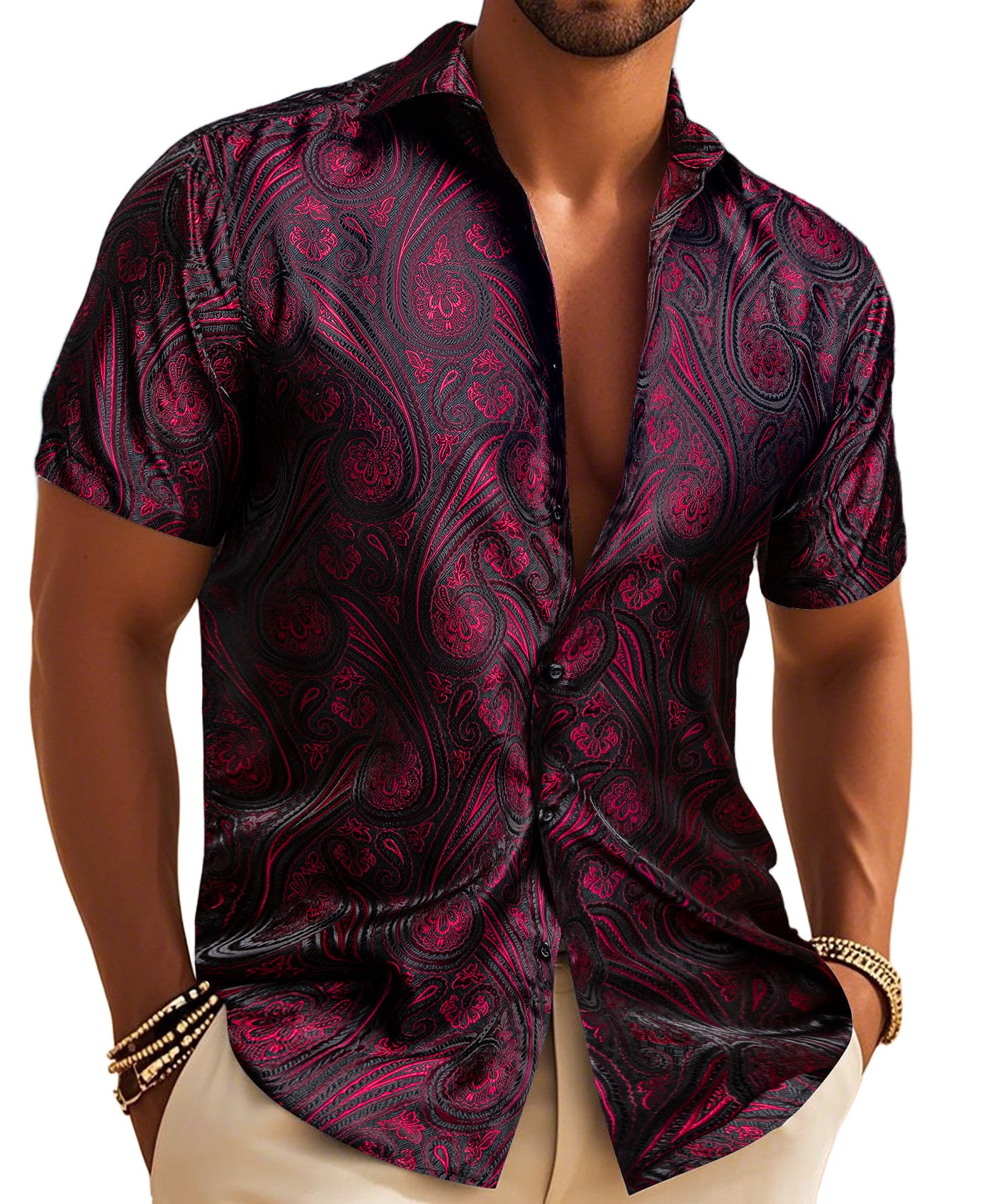 Barry. Wang Burgundy Black Paisley Jacquard Short Sleeve Button Up Shirt