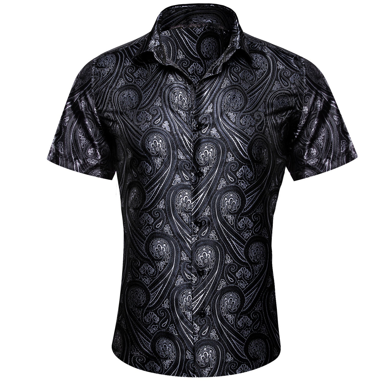 Barry. Wang Black White Paisley Jacquard Short Sleeve Button Up Shirt