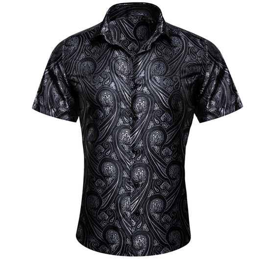 Barry. Wang Mens Western Shirt Black Grey Paisley Short Sleeve Button Down Dress Shirt