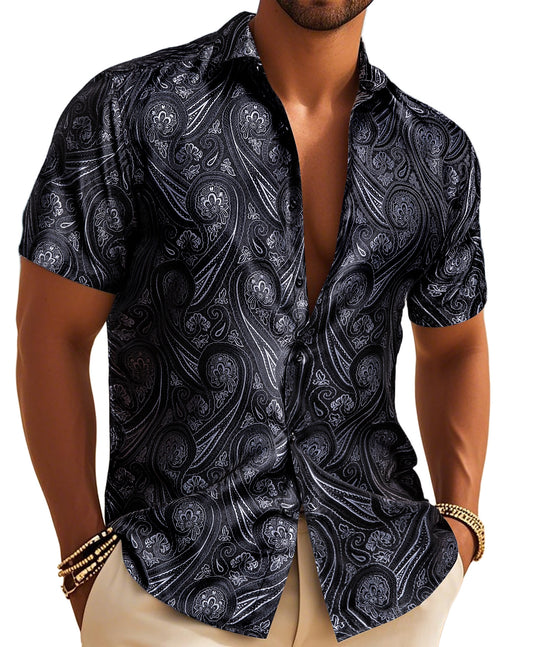 Barry. Wang Mens Western Shirt Black Grey Paisley Short Sleeve Button Down Dress Shirt