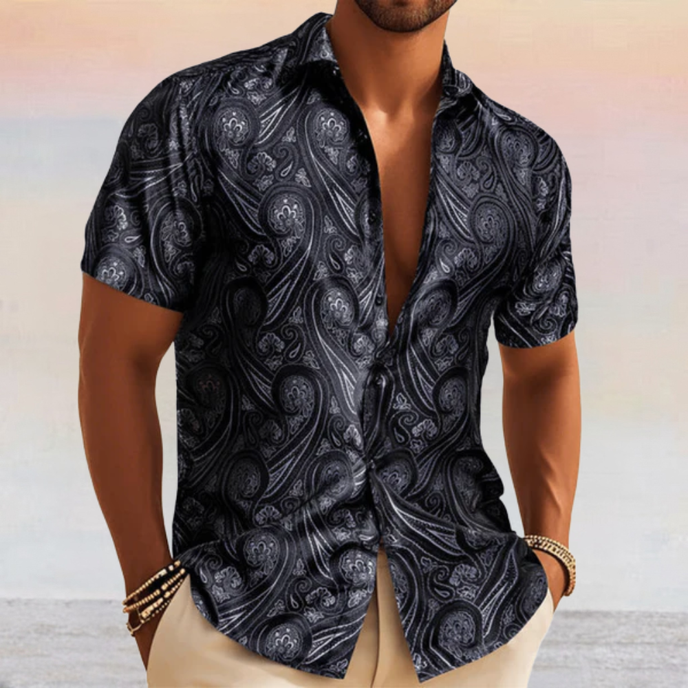 mens short sleeve dress shirts black Barry. Wang Mens Western Shirt Black Grey Paisley Short Sleeve Button