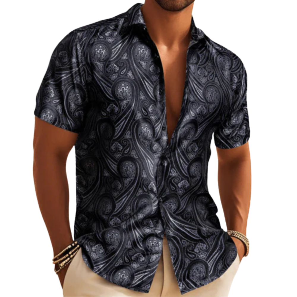 Barry. Wang Mens Western Shirt Black Grey Paisley Short Sleeve Button
