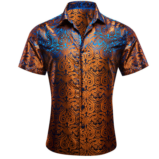 Barry. Wang Copper Paisley Button Down Shirt Casual Silk Short Sleeve Dress Shirt
