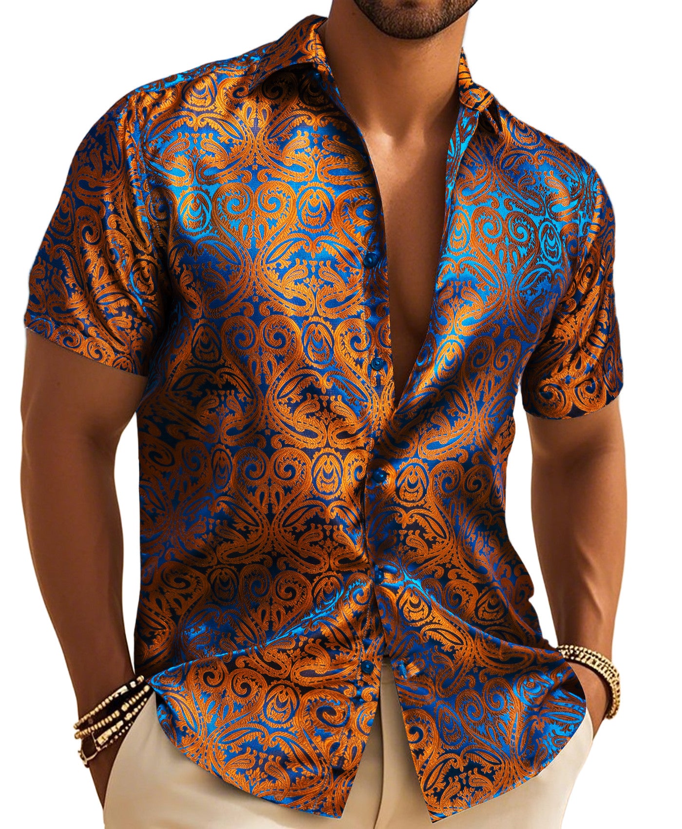 Barry. Wang Mens Silk Shirt Brown Paisley Jacquard Short Sleeve Shirt
