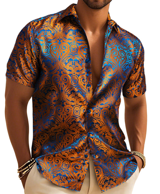 Barry. Wang Copper Paisley Button Down Shirt Casual Silk Short Sleeve Dress Shirt
