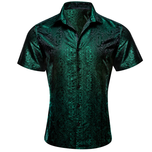 Barry. Wang Hunter Green Shirt Dress Paisley Business Casual Short Sleeve Dress Shirt