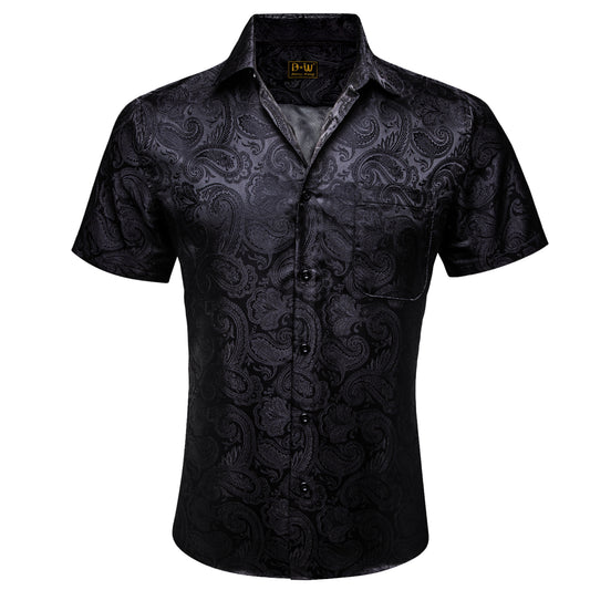 Barry. Wang Black Paisley Jacquard Short Sleeve Button Up Shirt for Men